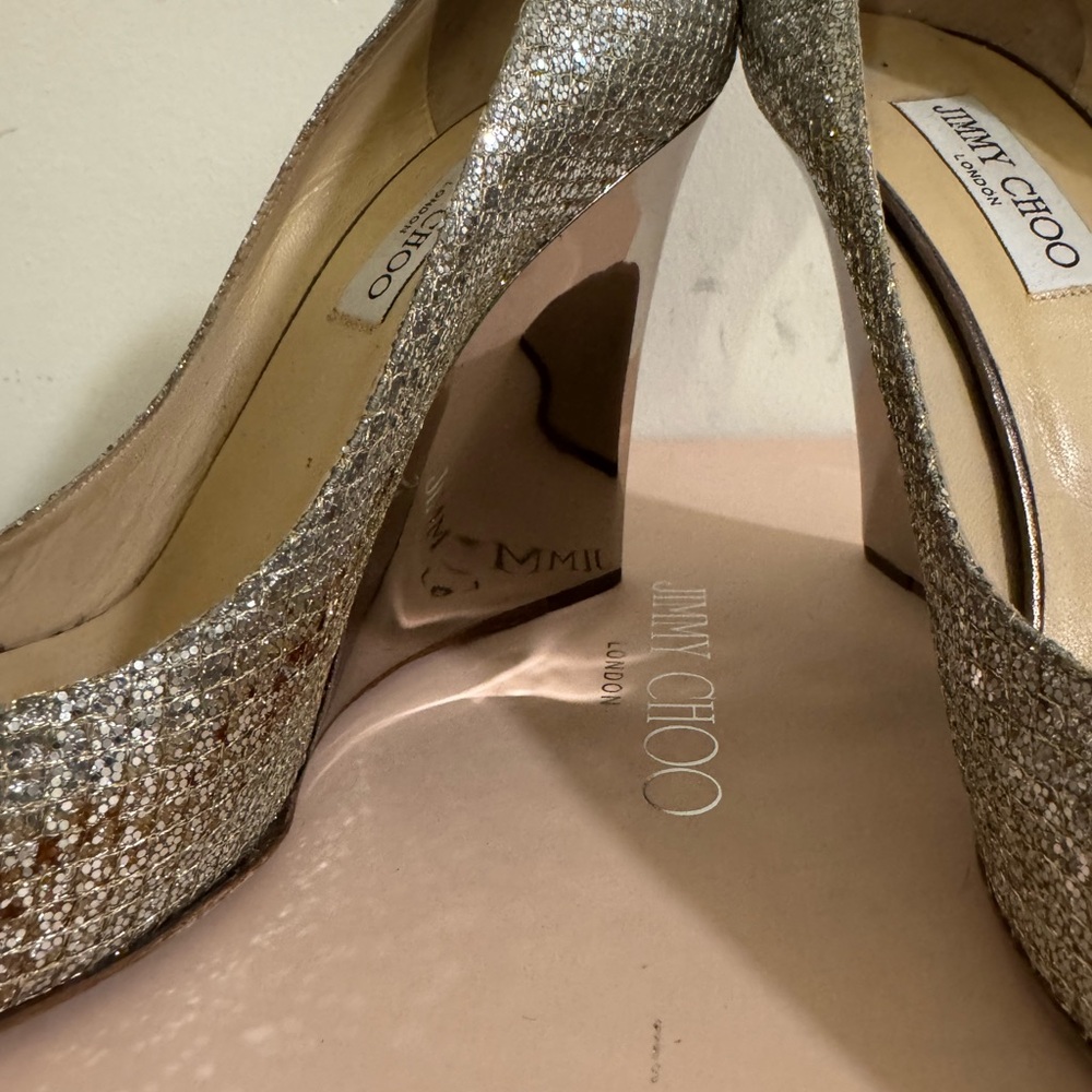 Jimmy Choo Champagne Glitter Peep-Toe Heels - Picture 4 of 12